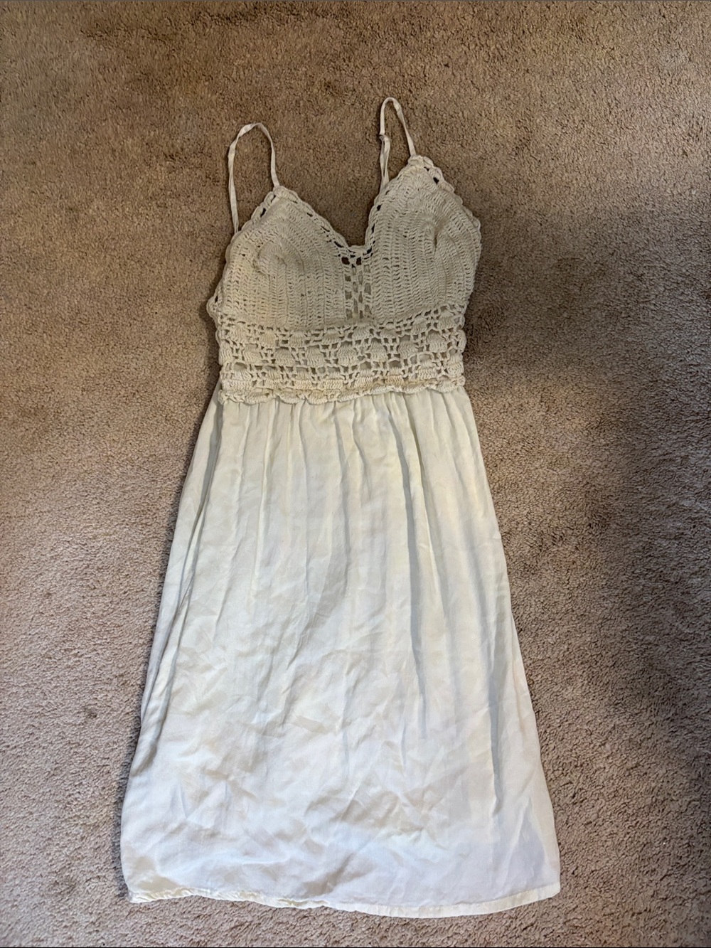 Crochet Bodice Spaghetti Strap Midi Dress in Cream